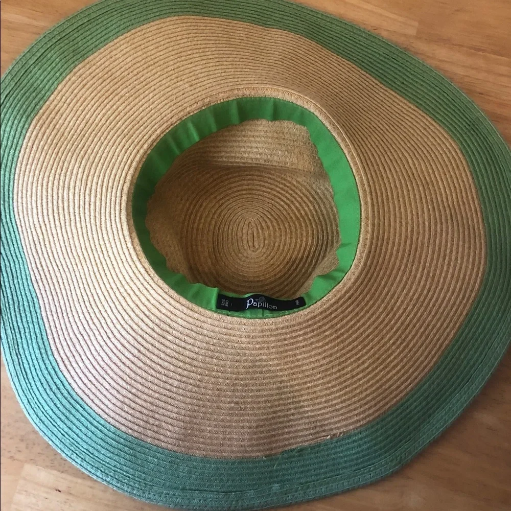 Woman’s tan spring summer Papillon floppy Blanc Straw Hat with Bright Green Trim